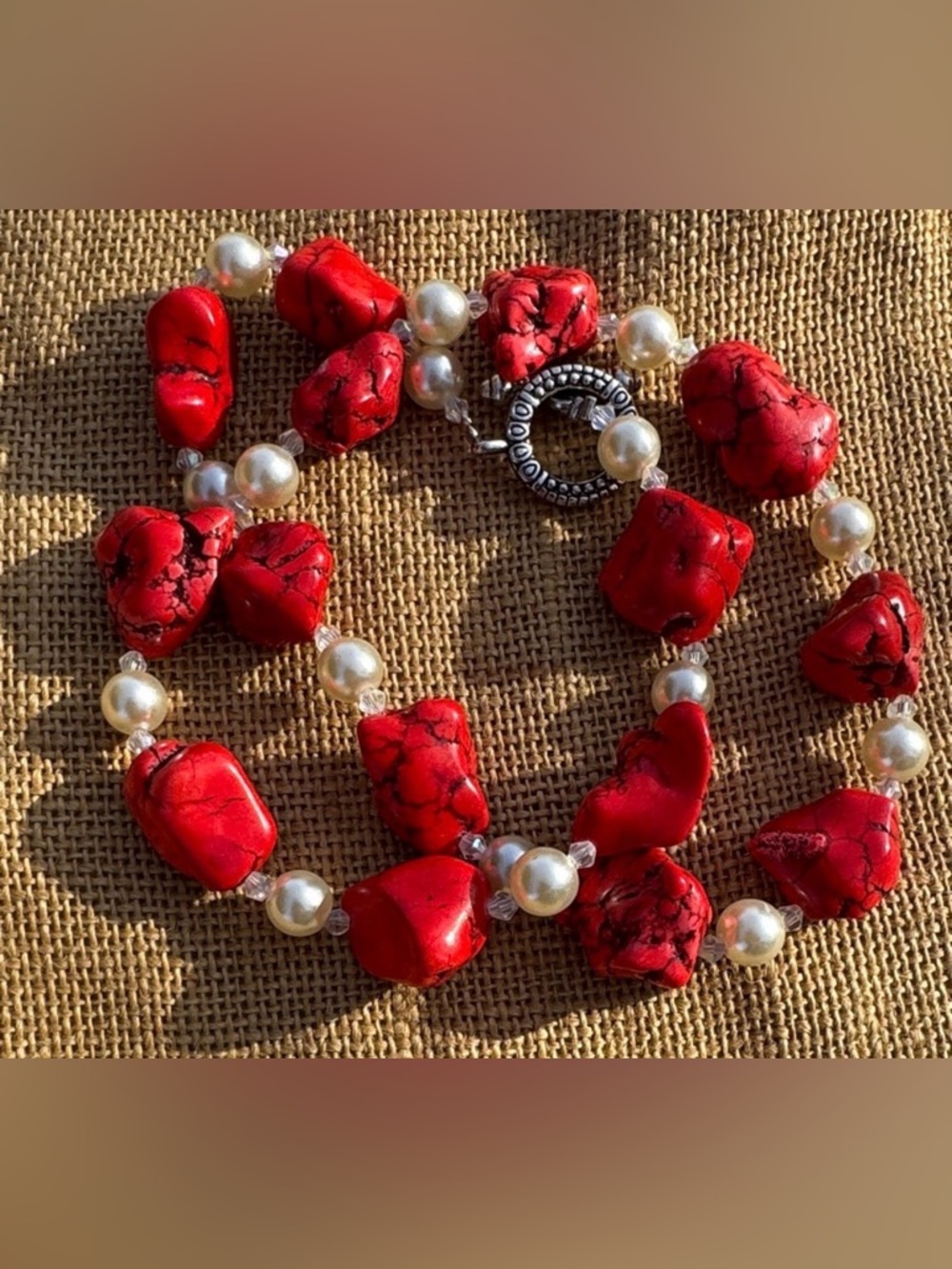 Elegant Chunky Red and White Beaded Necklace New western